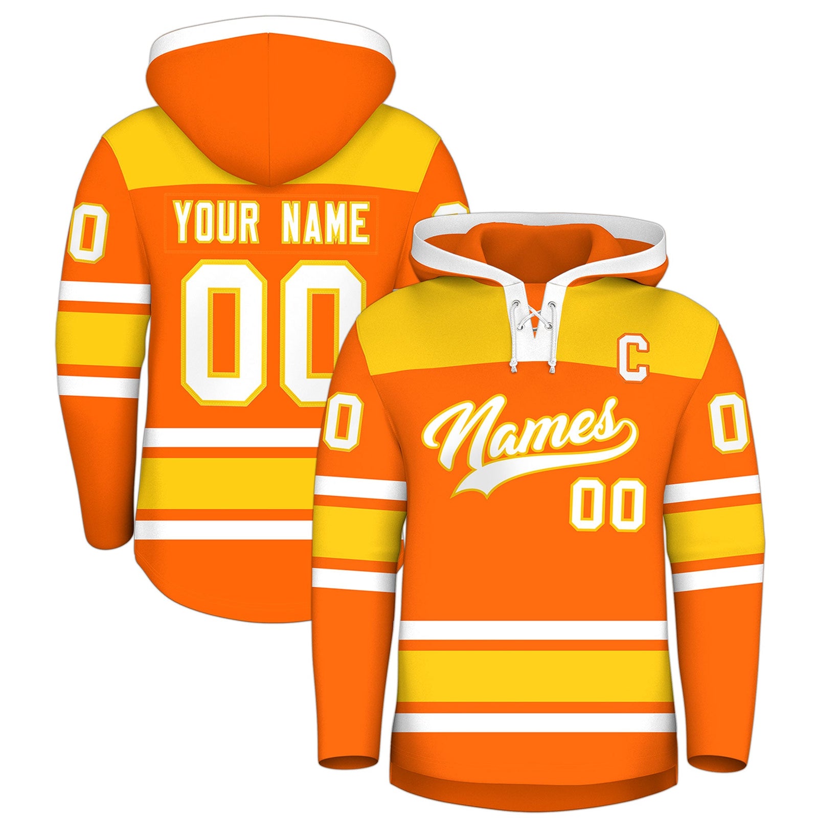 Custom Hockey Hoodie Jersey Orange Gold Raglan Sleeves Lace-Up Neck Personal Name & Number & Logo