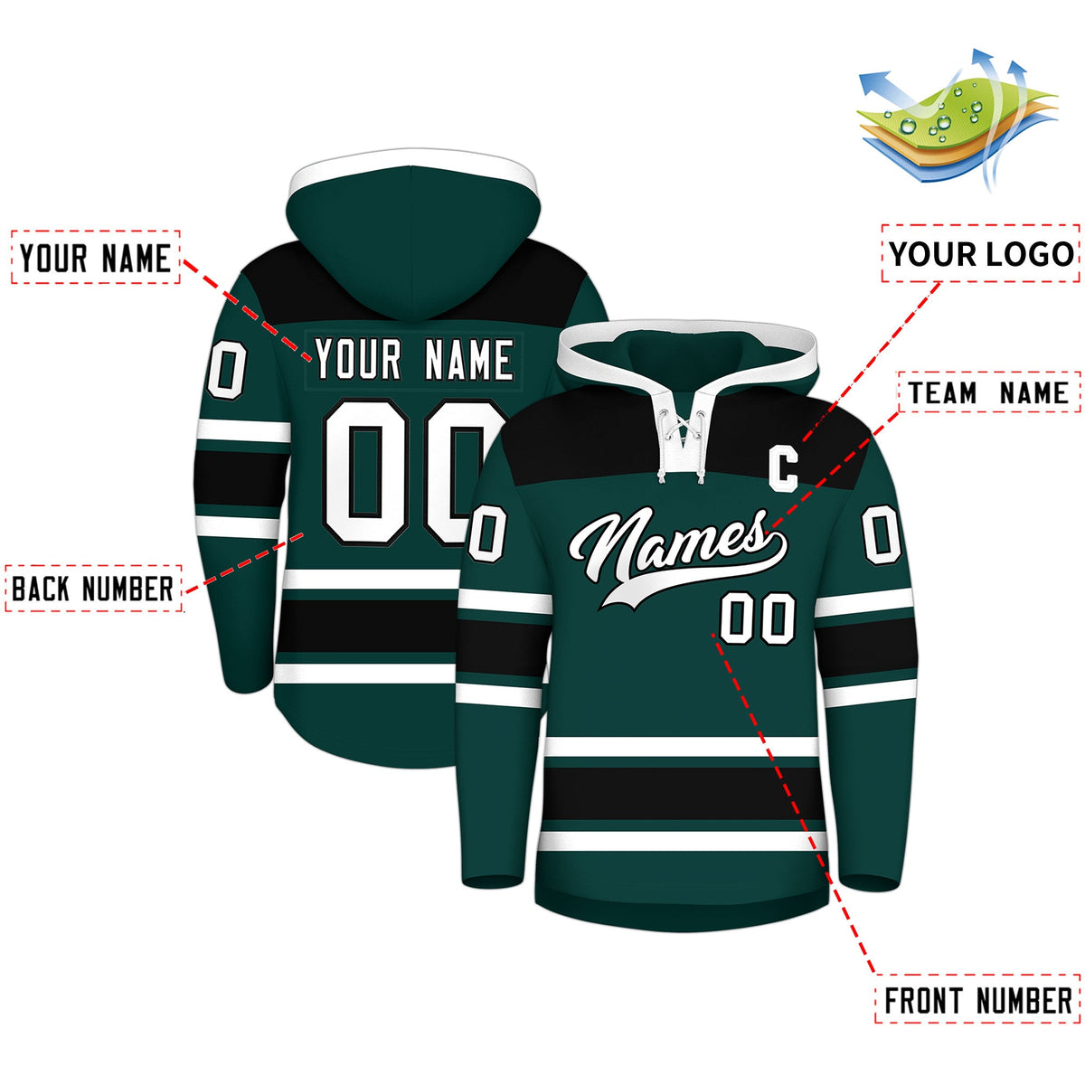 Custom Hockey Hoodie Jersey Midnight Green Black Raglan Sleeves Lace-Up Neck Personal Name &amp; Number &amp; Logo