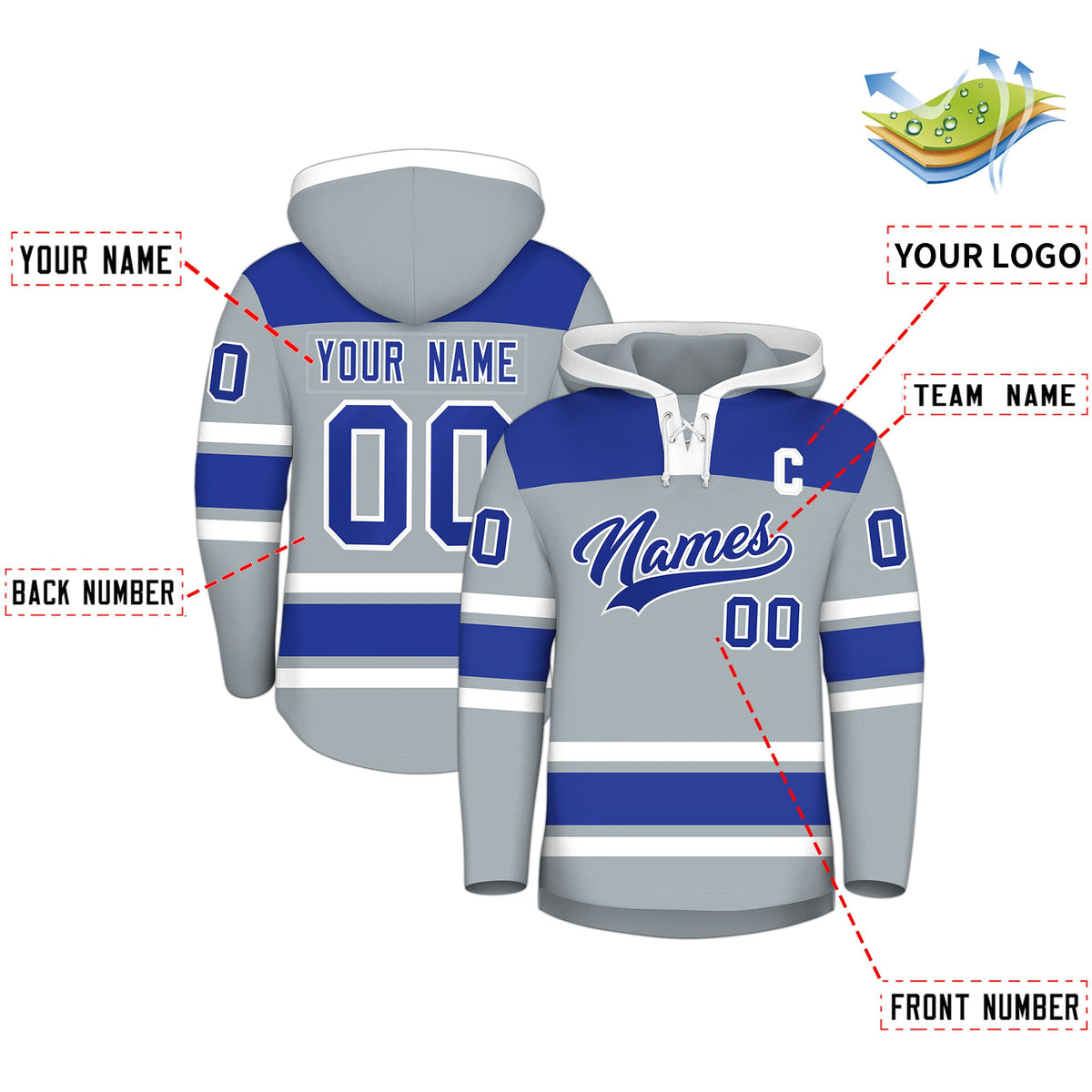 Custom Hockey Hoodie Jersey Silver Royal Blue Raglan Sleeves Lace-Up Neck Personalized Jersey for Men &amp; Youth