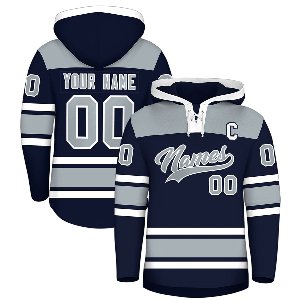 Custom Hockey Hoodie Jersey Navy Silver Raglan Sleeves Lace-Up Neck Personalized Jersey for Men &amp; Youth
