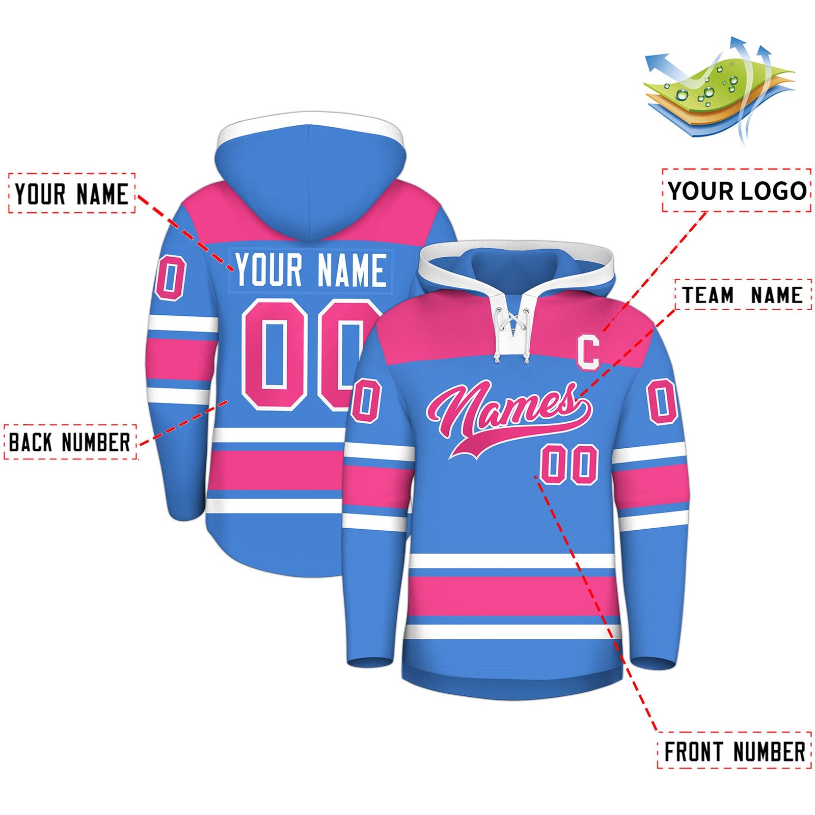 Custom Hockey Hoodie Jersey Powder Blue Raglan Sleeves Lace-Up Neck Personal Name & Number & Logo