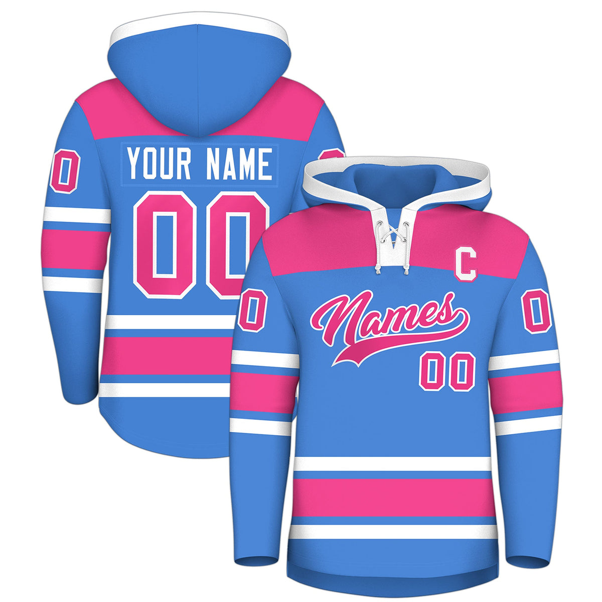 Custom Hockey Hoodie Jersey Powder Blue Raglan Sleeves Lace-Up Neck Personal Name &amp; Number &amp; Logo