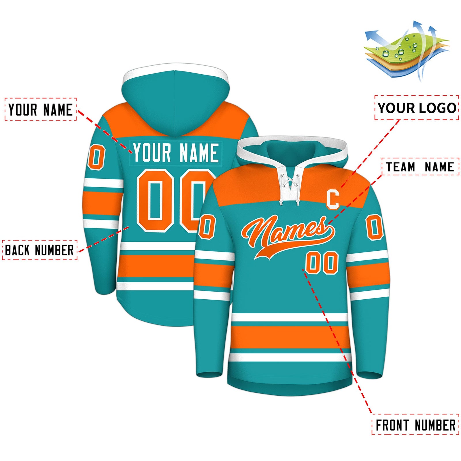 Custom Hockey Hoodie Jersey Aqua Orange Raglan Sleeves Lace-Up Neck Personalized Jersey for Men & Youth