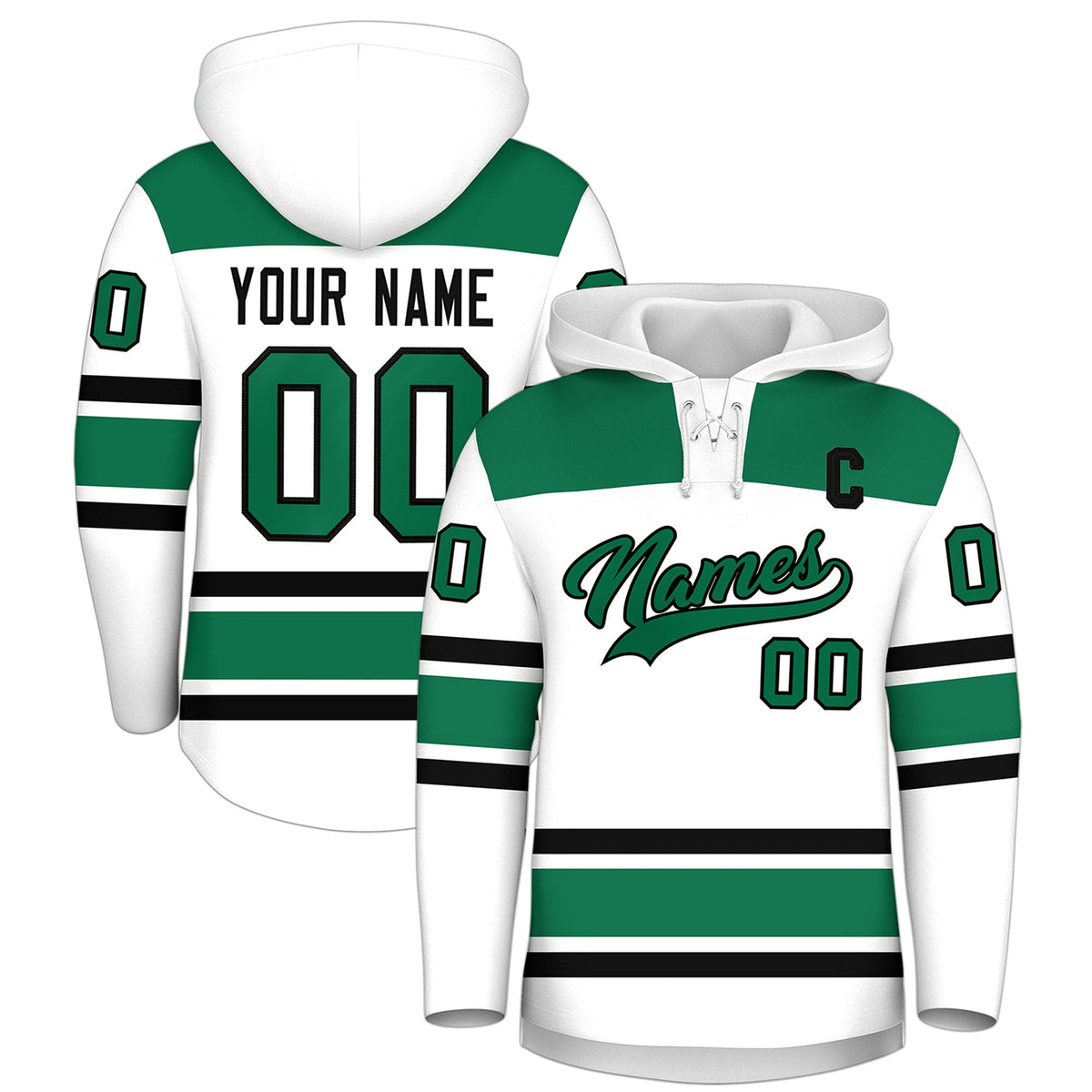 Custom Hockey Hoodie Jersey White Kelly Green Raglan Sleeves Lace-Up Neck Classic Team Colors Hoodie