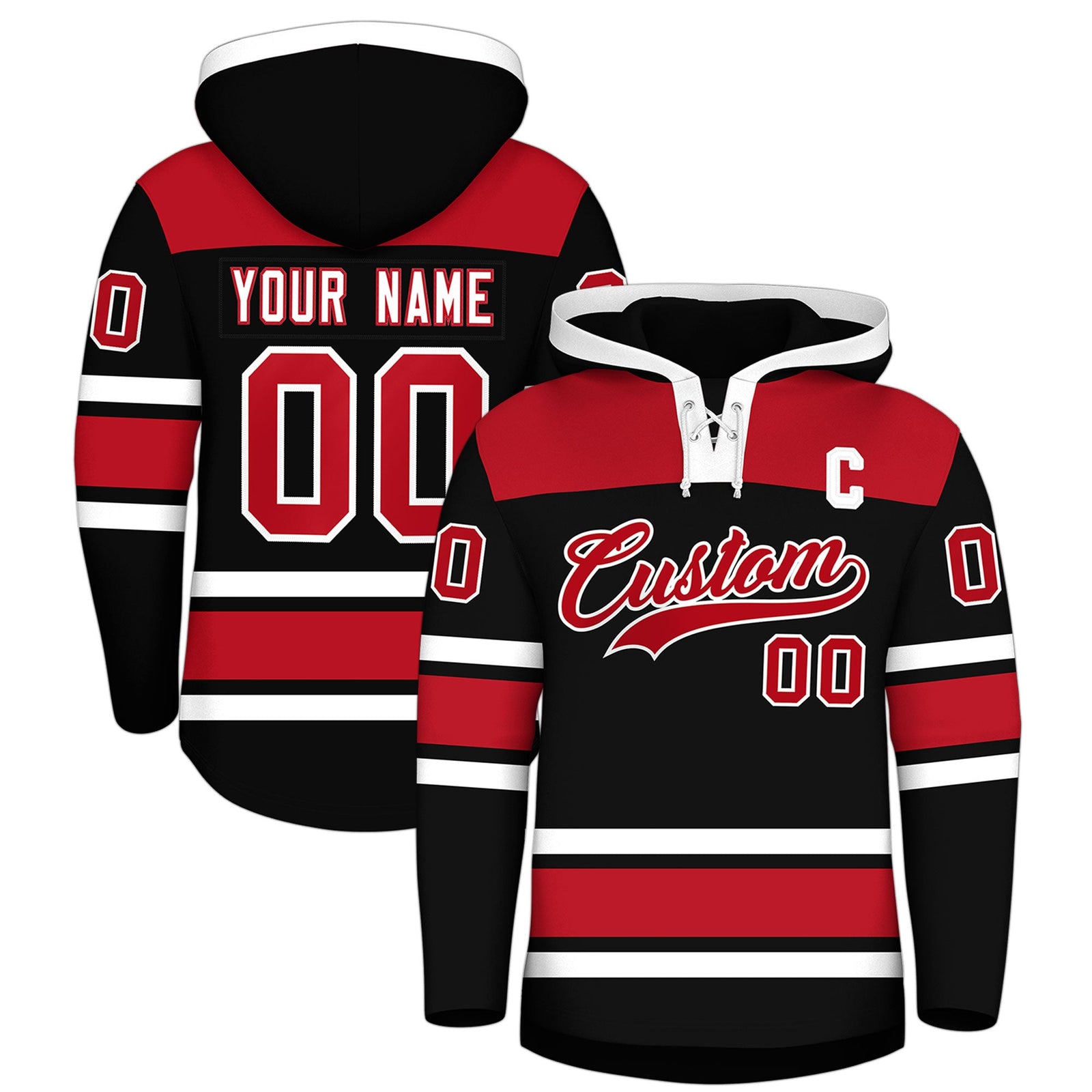 Custom Hockey Hoodie Jersey Black Red Raglan Sleeves Lace-Up Neck Personalized Jersey for Men & Youth