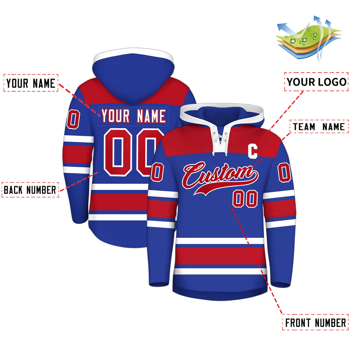 Custom Hockey Hoodie Jersey Royal Blue Red Raglan Sleeves Lace-Up Neck Personal Name &amp; Number &amp; Logo