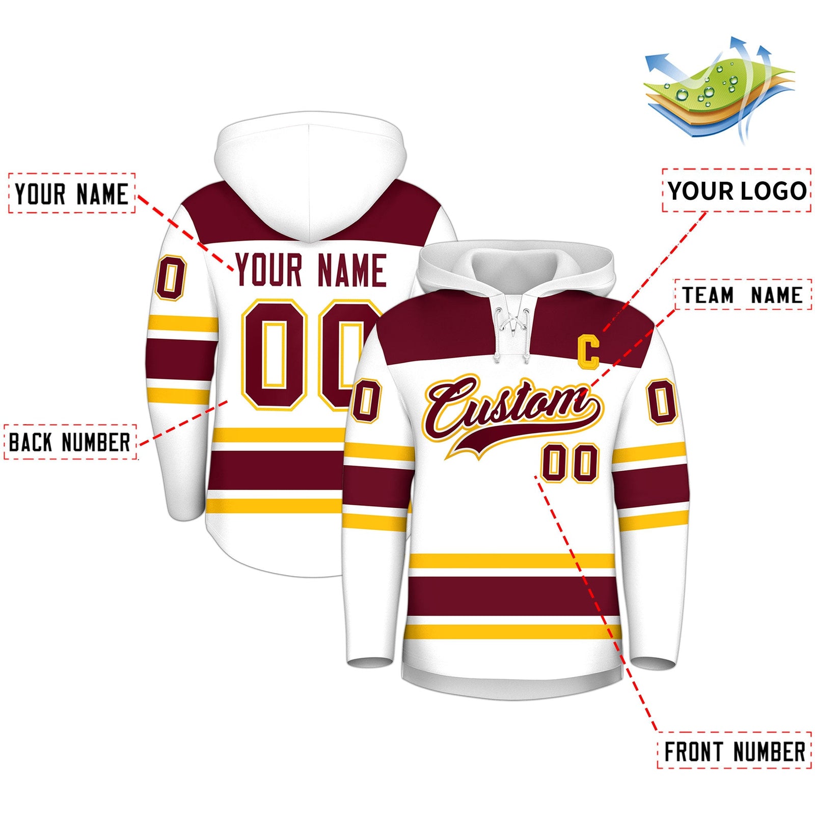 Custom Hockey Hoodie Jersey White Crimson Raglan Sleeves Lace-Up Neck Personalized Jersey for Men & Youth