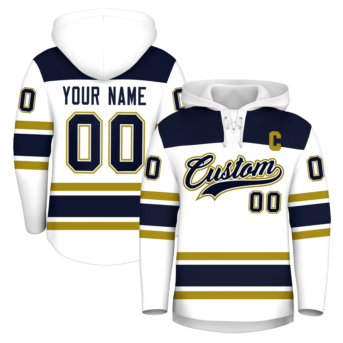 Custom Hockey Hoodie Jersey White Navy Raglan Sleeves Lace-Up Neck Personal Name &amp; Number &amp; Logo