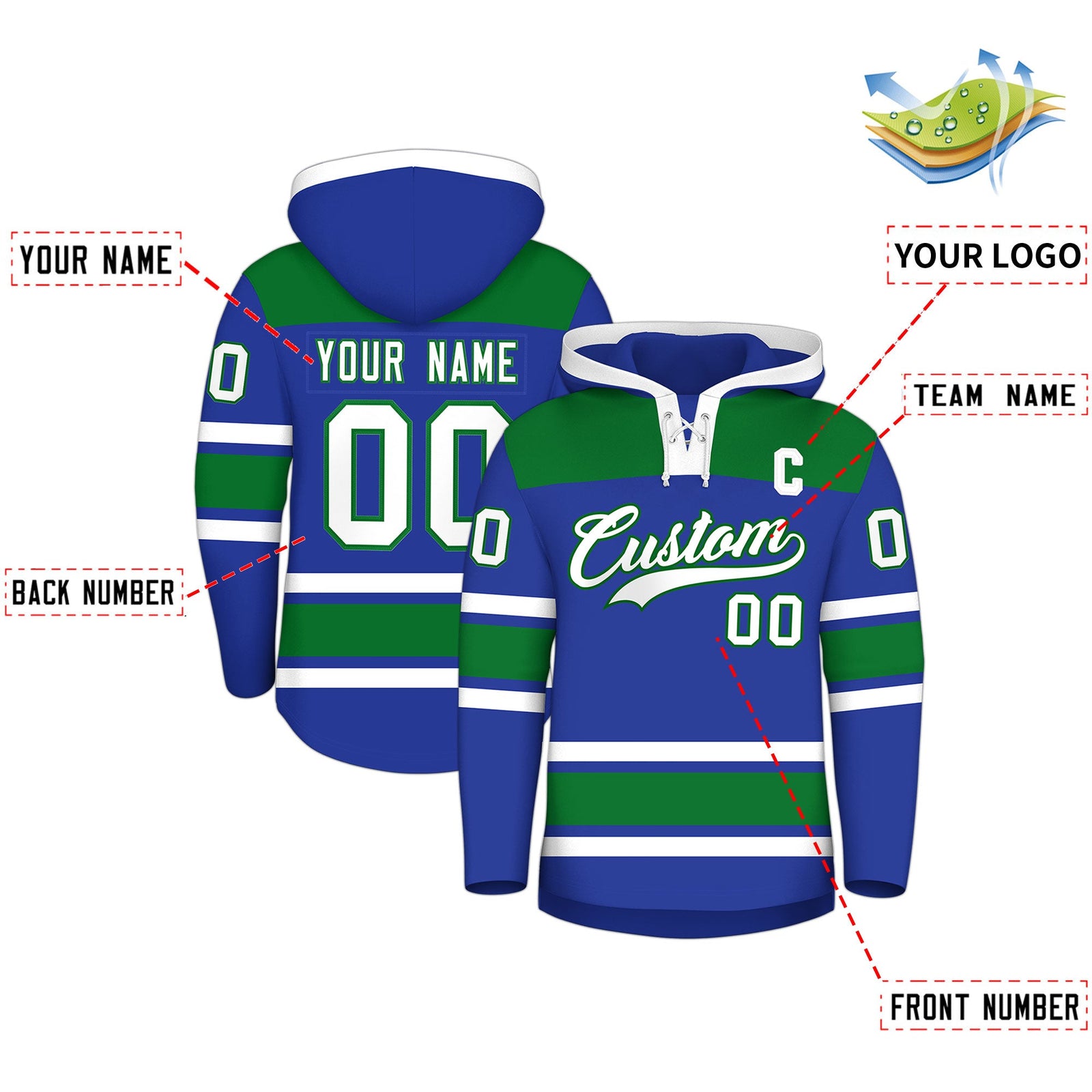Custom Hockey Hoodie Jersey Royal Blue Kelly Green Raglan Sleeves Lace-Up Neck Classic Team Colors Hoodie