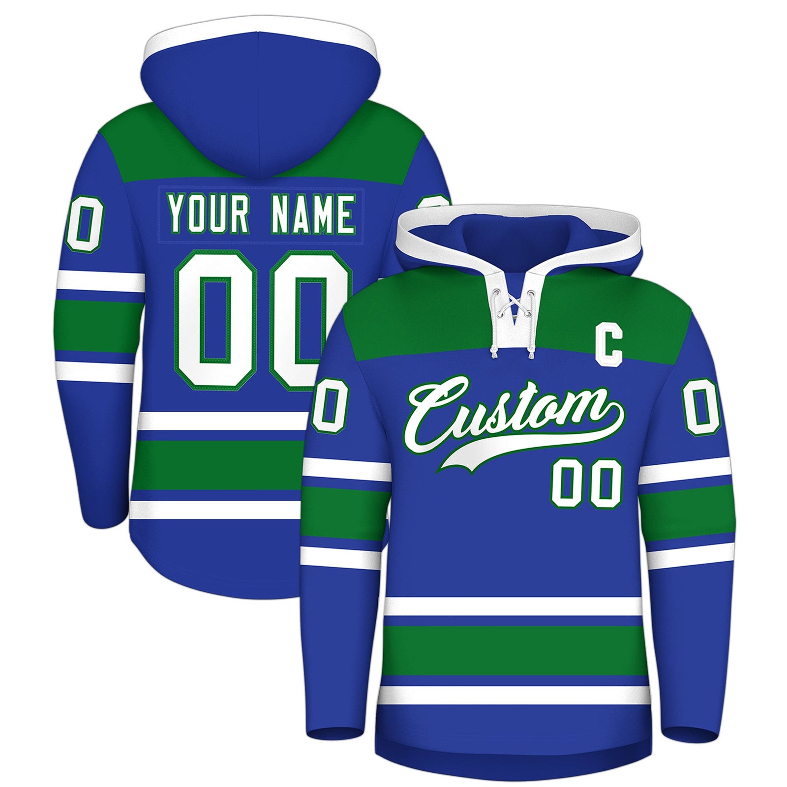Custom Hockey Hoodie Jersey Royal Blue Kelly Green Raglan Sleeves Lace-Up Neck Classic Team Colors Hoodie