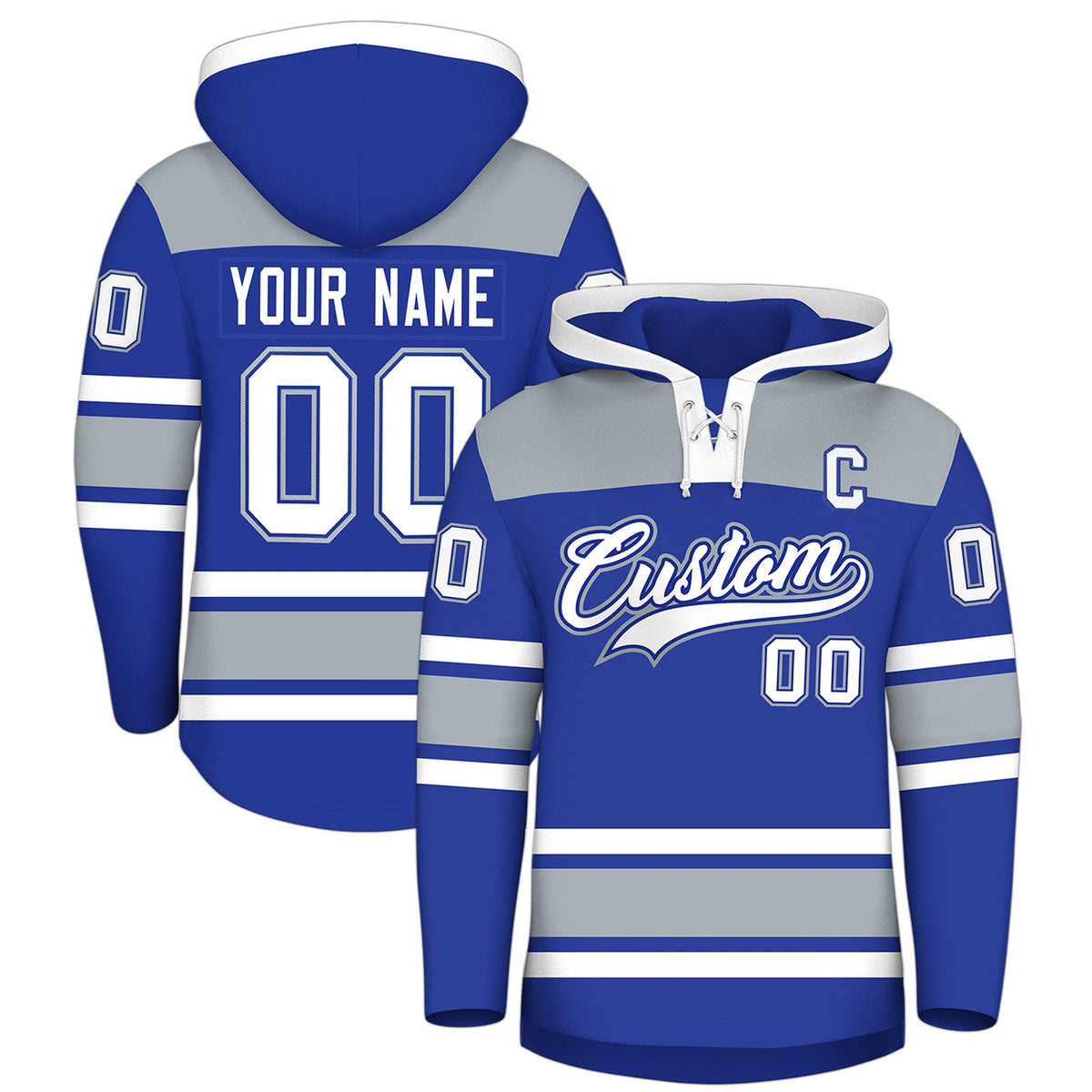 Custom Hockey Hoodie Jersey Royal Blue Silver Raglan Sleeves Lace-Up Neck Personalized Jersey for Men &amp; Youth