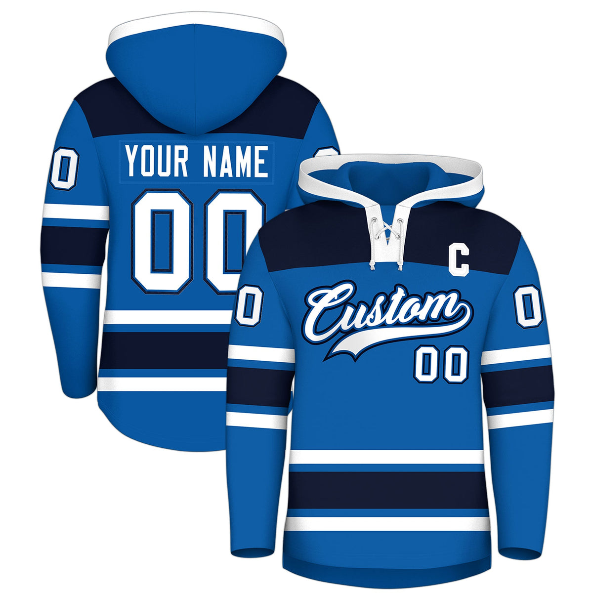Custom Hockey Hoodie Jersey Royal Navy Raglan Sleeves Lace-Up Neck Personal Name &amp; Number &amp; Logo
