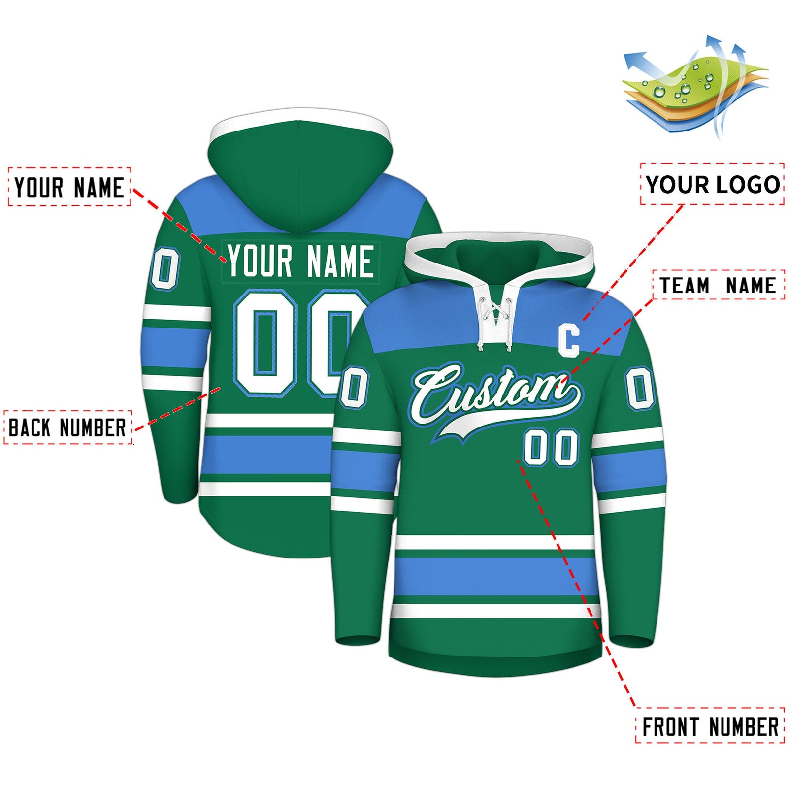 Custom Hockey Hoodie Jersey Kelly Green Powder Blue Raglan Sleeves Lace-Up Neck Classic Team Colors Hoodie
