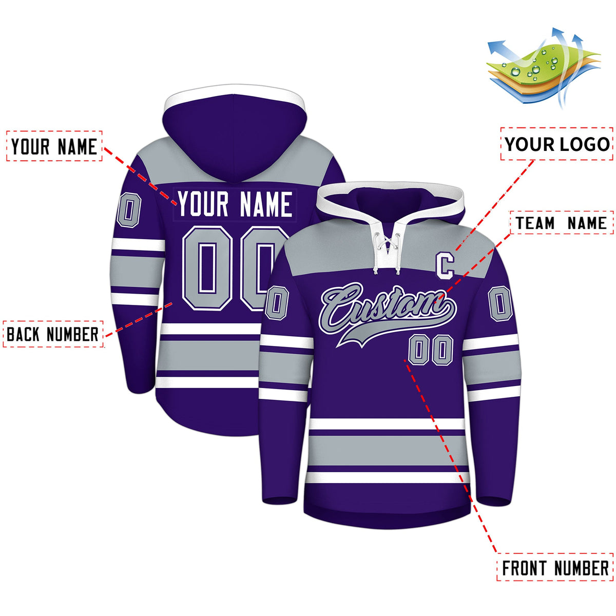 Custom Hockey Hoodie Jersey Purple Silver Raglan Sleeves Lace-Up Neck Personal Name &amp; Number &amp; Logo