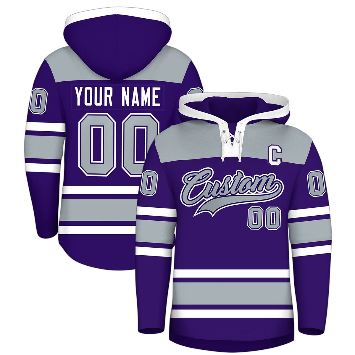 Custom Hockey Hoodie Jersey Purple Silver Raglan Sleeves Lace-Up Neck Personal Name &amp; Number &amp; Logo