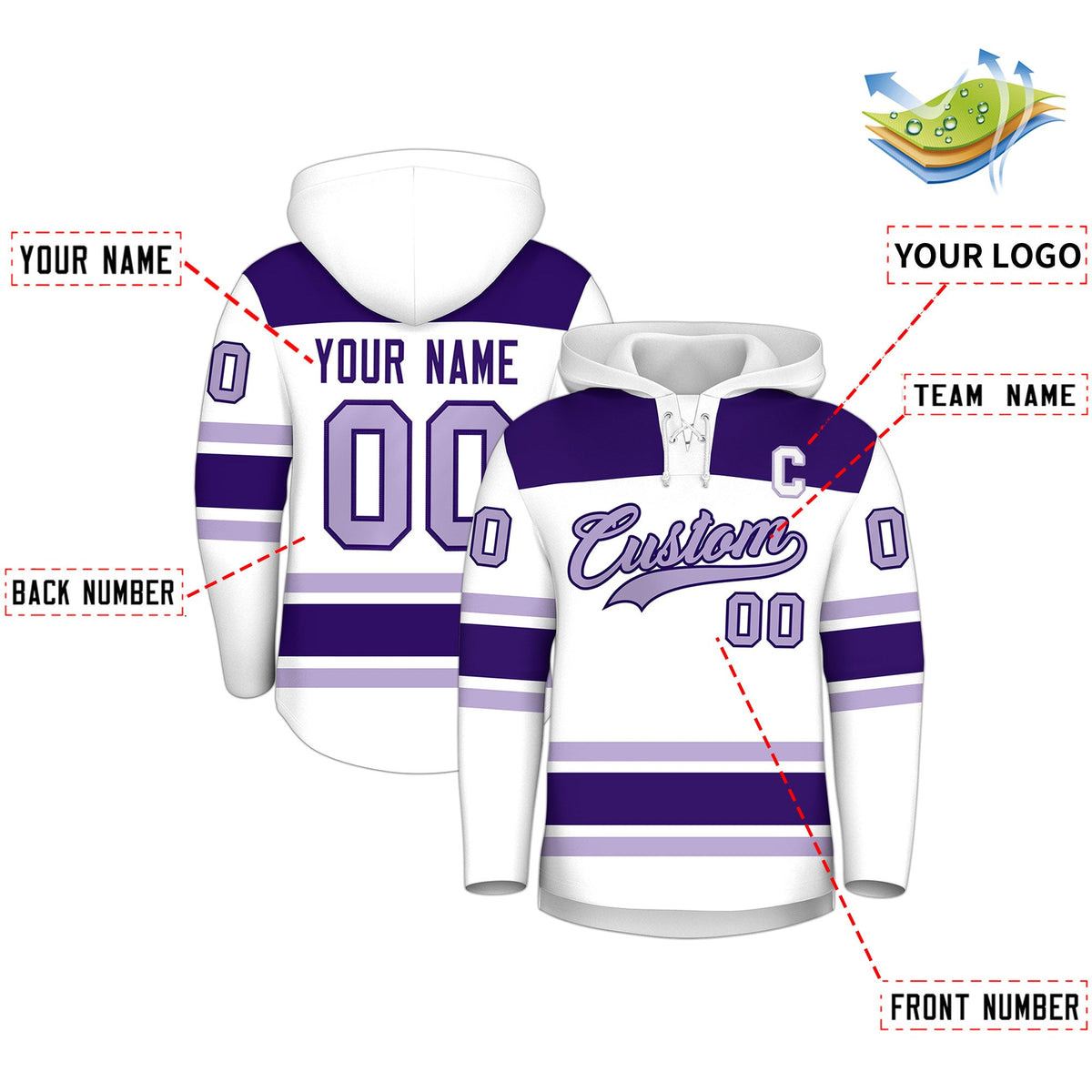 Custom Hockey Hoodie Jersey White Purple Raglan Sleeves Lace-Up Neck Personalized Jersey for Men &amp; Youth
