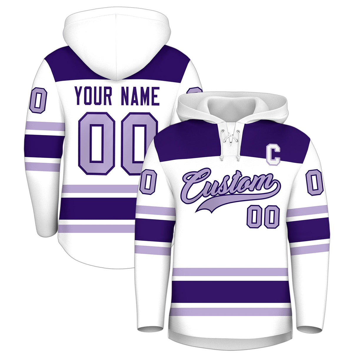 Custom Hockey Hoodie Jersey White Purple Raglan Sleeves Lace-Up Neck Personalized Jersey for Men &amp; Youth