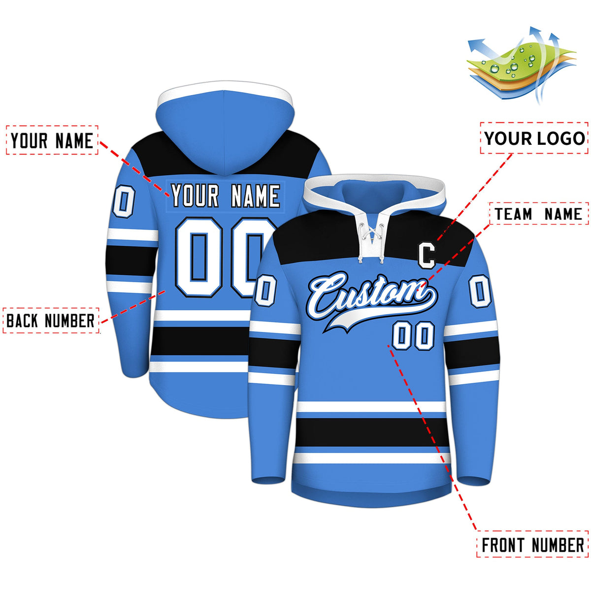 Custom Hockey Hoodie Jersey Powder Blue Black Raglan Sleeves Lace-Up Neck Classic Team Colors Hoodie