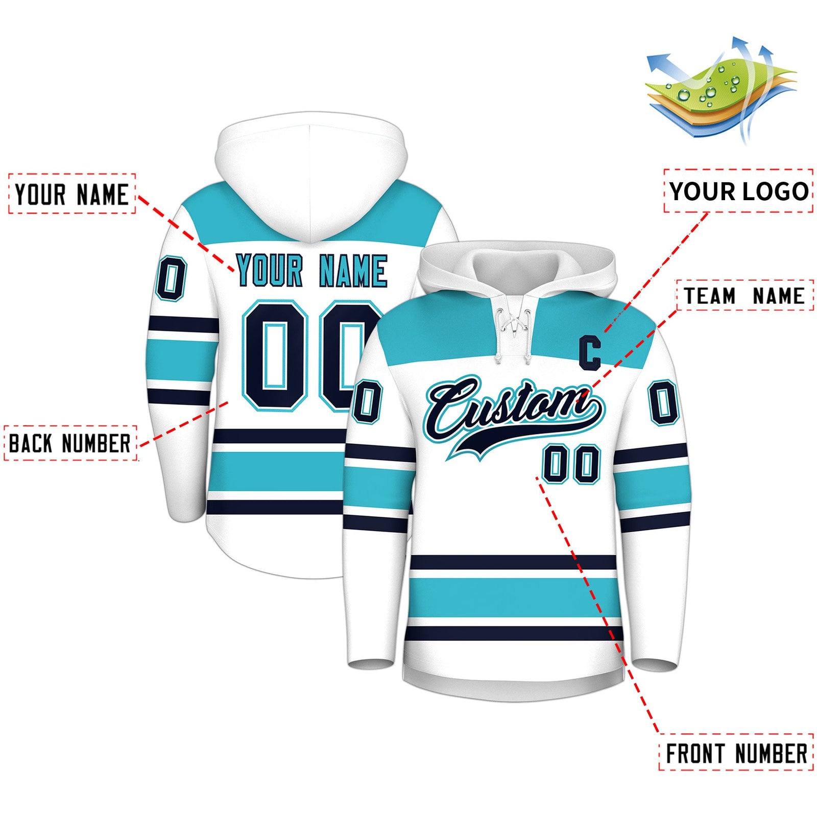 Custom Hockey Hoodie Jersey White Sky Blue Raglan Sleeves Lace-Up Neck Personalized Jersey for Men & Youth