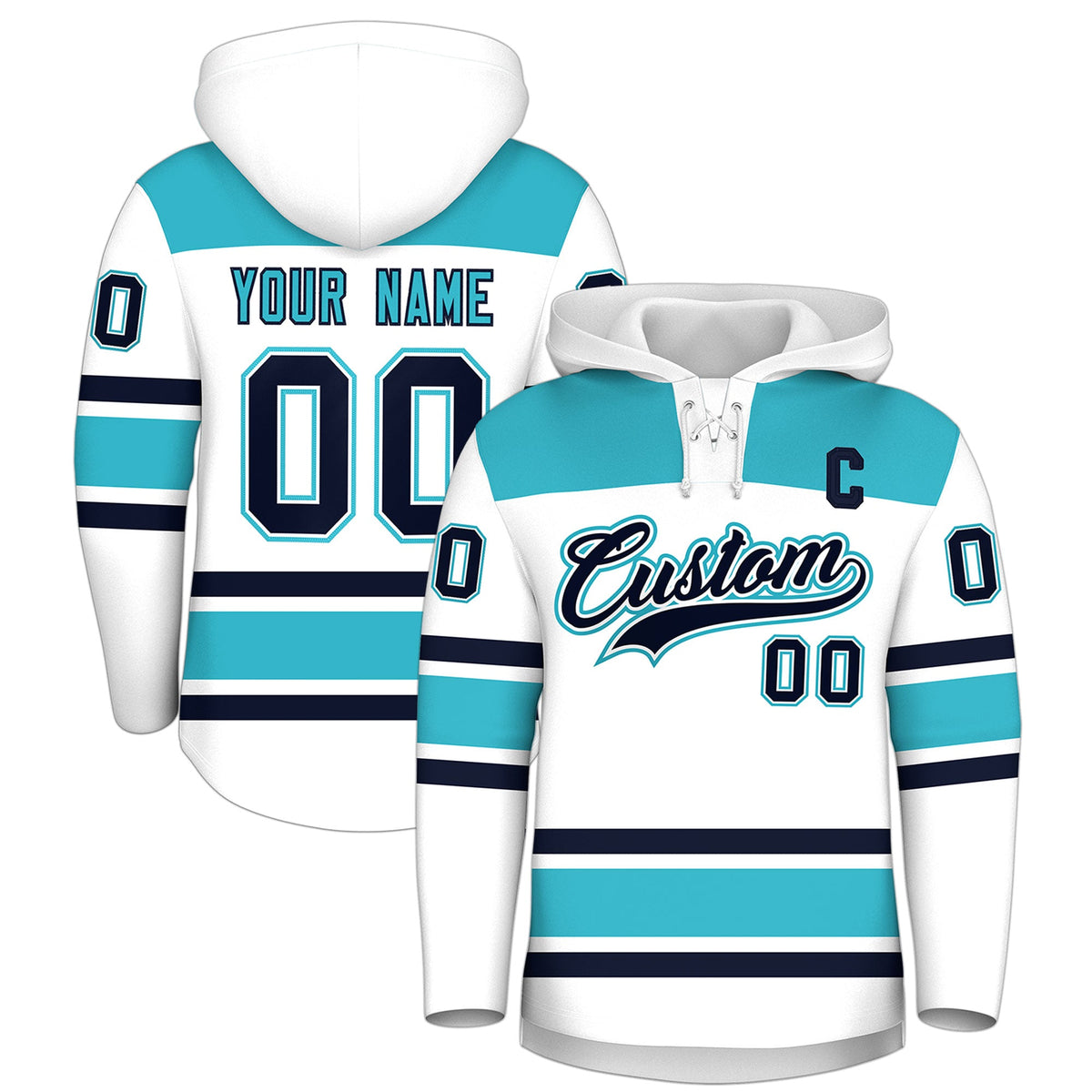 Custom Hockey Hoodie Jersey White Sky Blue Raglan Sleeves Lace-Up Neck Personalized Jersey for Men &amp; Youth