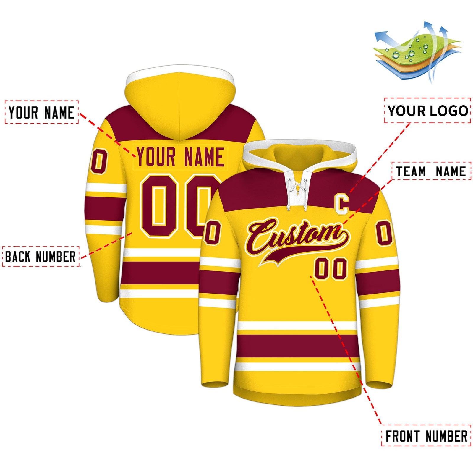 Custom Hockey Hoodie Jersey Gold Crimson Raglan Sleeves Lace-Up Neck Personalized Jersey for Men & Youth
