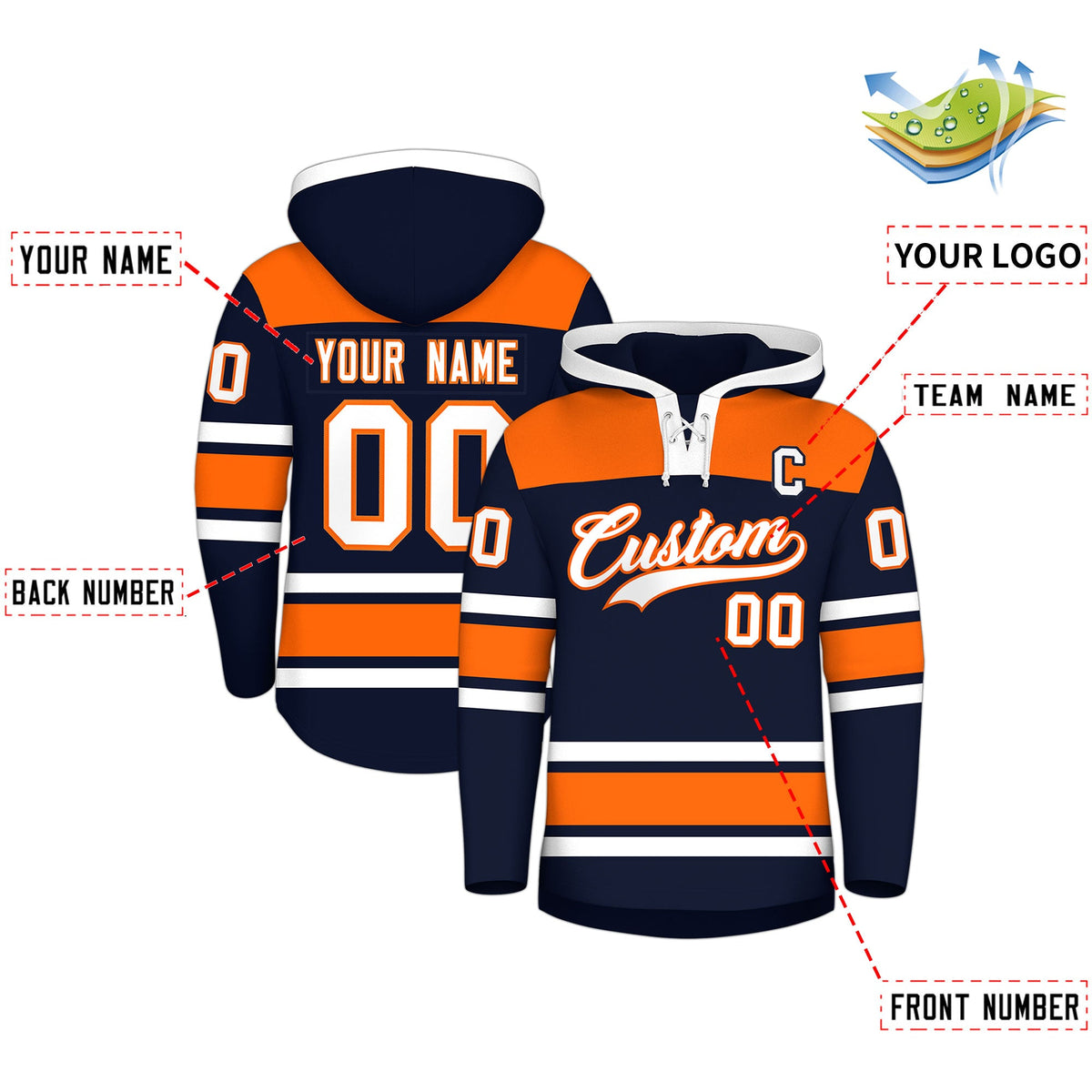 Custom Hockey Hoodie Jersey Navy Orange Raglan Sleeves Lace-Up Neck Personal Name &amp; Number &amp; Logo