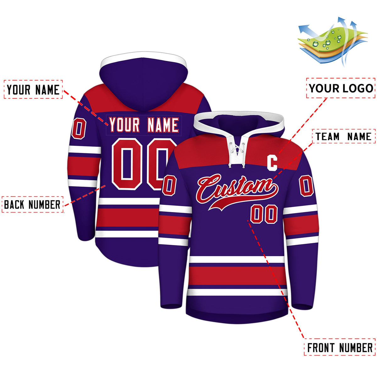 Custom Hockey Hoodie Jersey Purple Red Raglan Sleeves Lace-Up Neck Classic Team Colors Hoodie