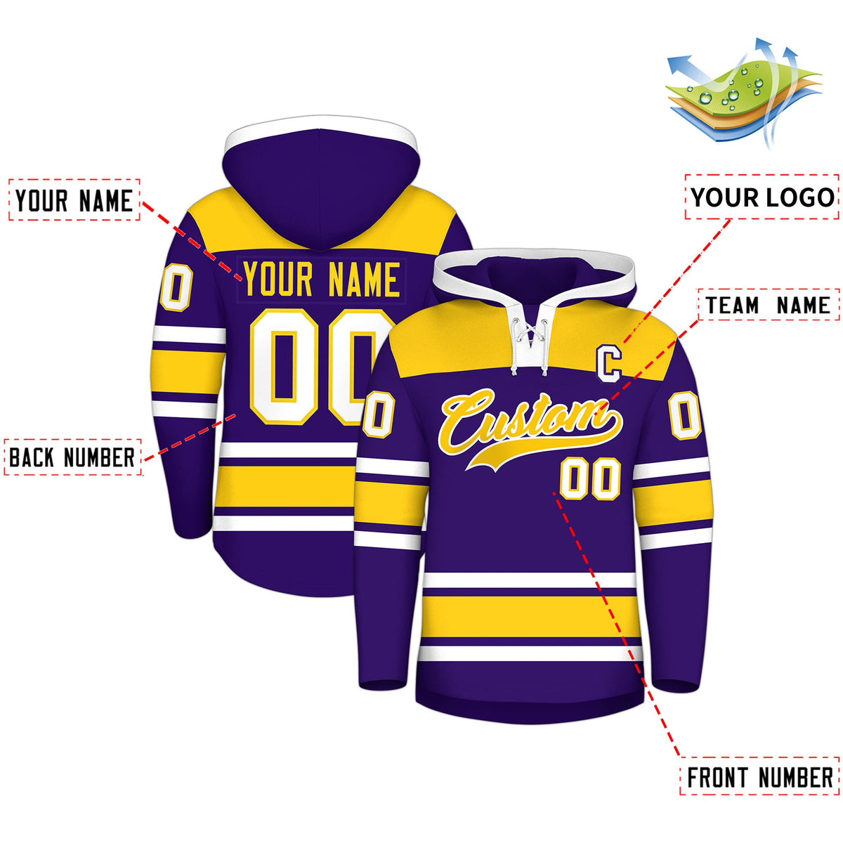 Custom Hockey Hoodie Jersey Purple Gold Raglan Sleeves Lace-Up Neck Personalized Jersey for Men &amp; Youth