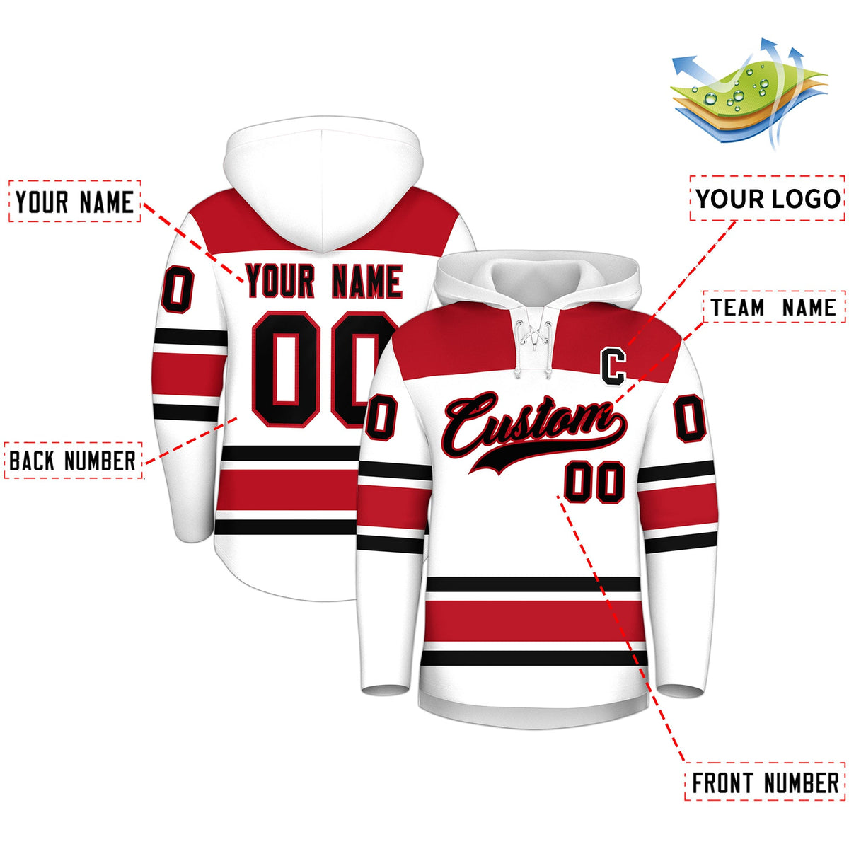 Custom Hockey Hoodie Jersey White Red Raglan Sleeves Lace-Up Neck Classic Team Colors Hoodie