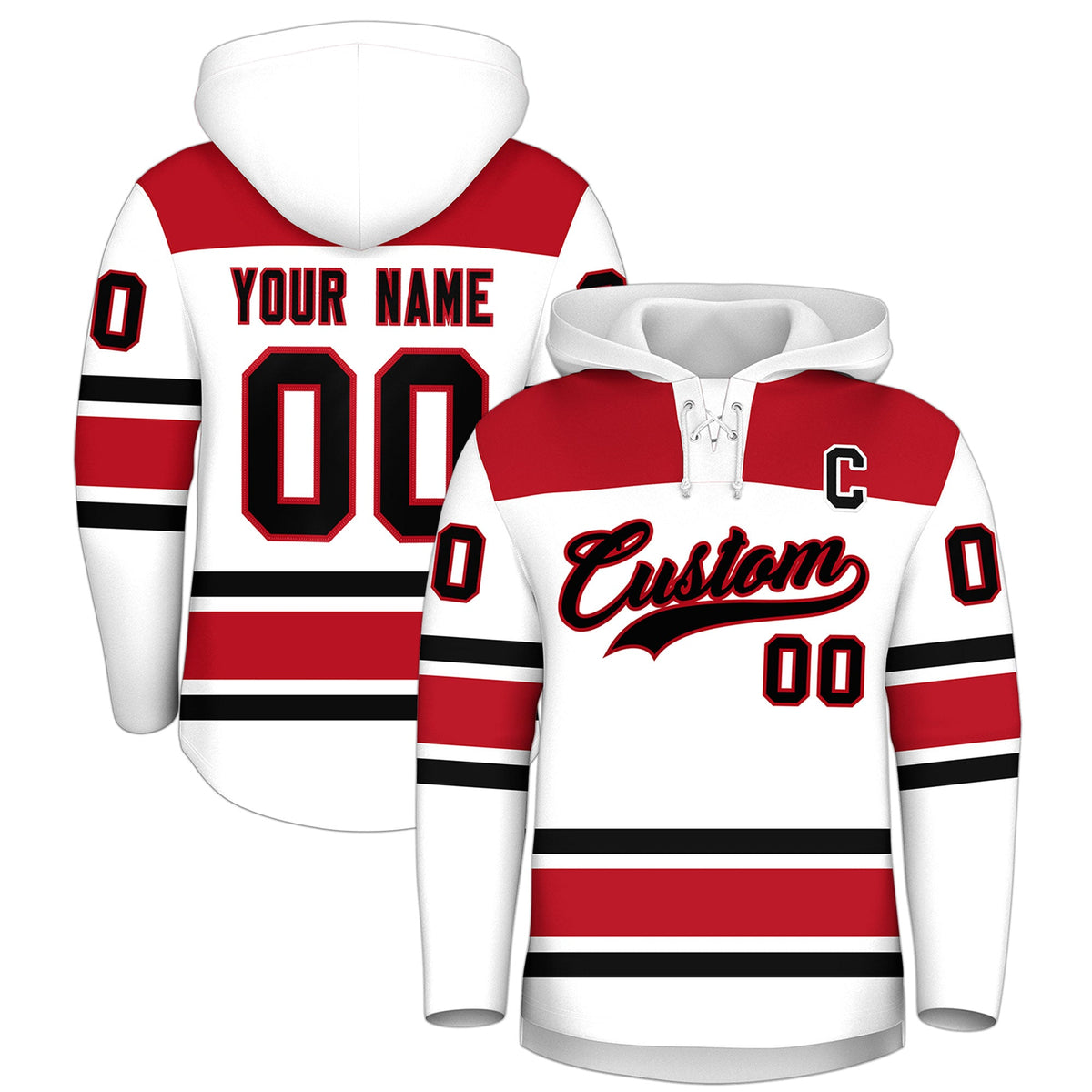 Custom Hockey Hoodie Jersey White Red Raglan Sleeves Lace-Up Neck Classic Team Colors Hoodie