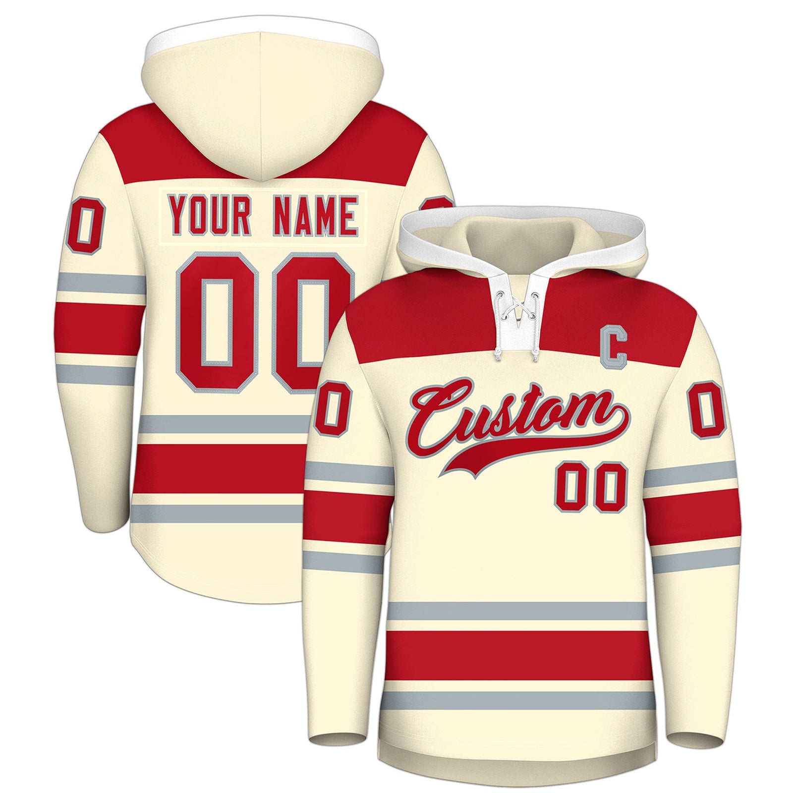 Custom Hockey Hoodie Jersey Cream Red Raglan Sleeves Lace-Up Neck Personal Name & Number & Logo