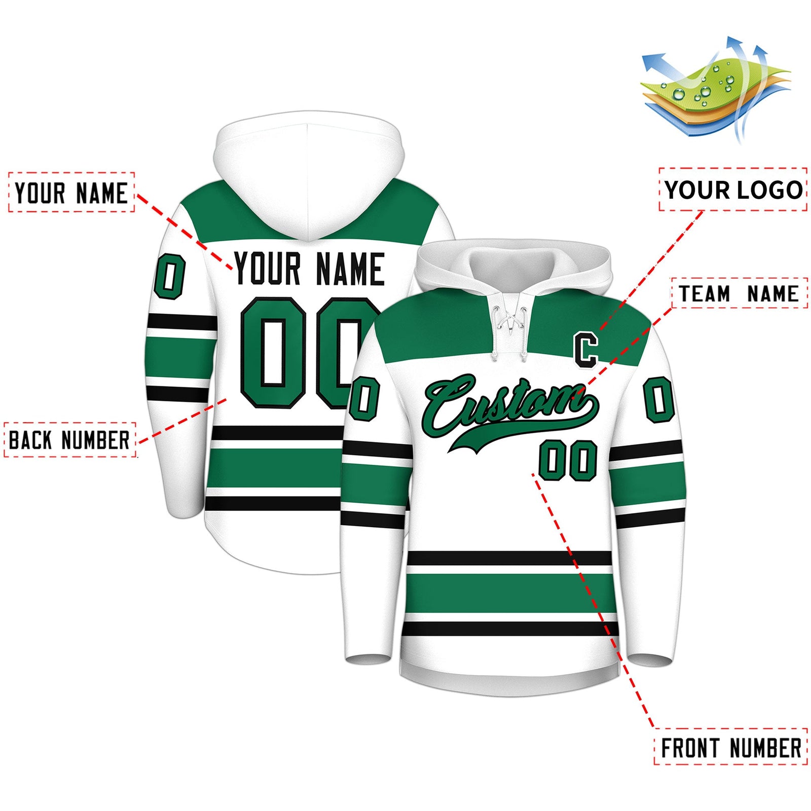 Custom Hockey Hoodie Jersey White Kelly Green Raglan Sleeves Lace-Up Neck Personalized Jersey for Men & Youth