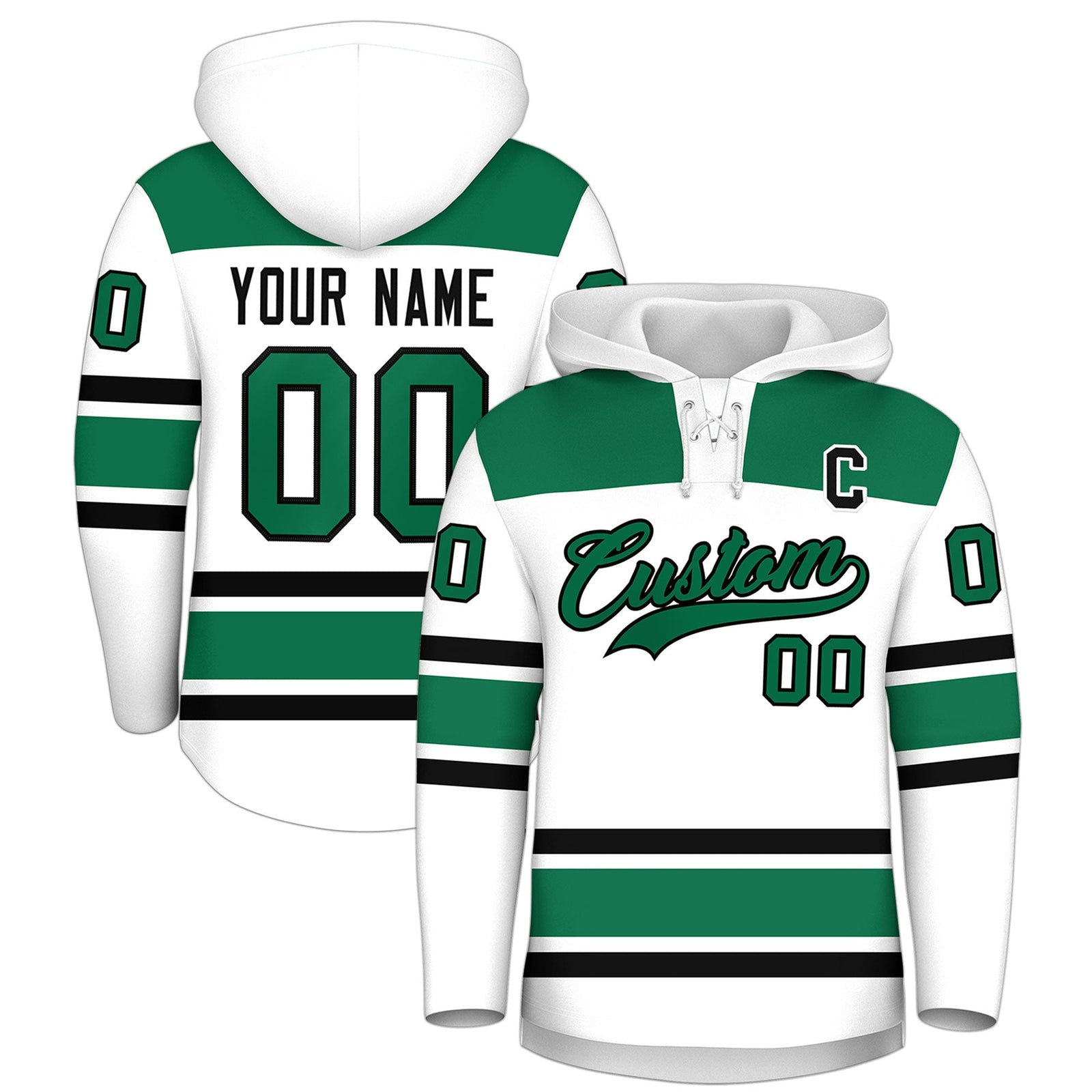 Custom Hockey Hoodie Jersey White Kelly Green Raglan Sleeves Lace-Up Neck Personalized Jersey for Men & Youth