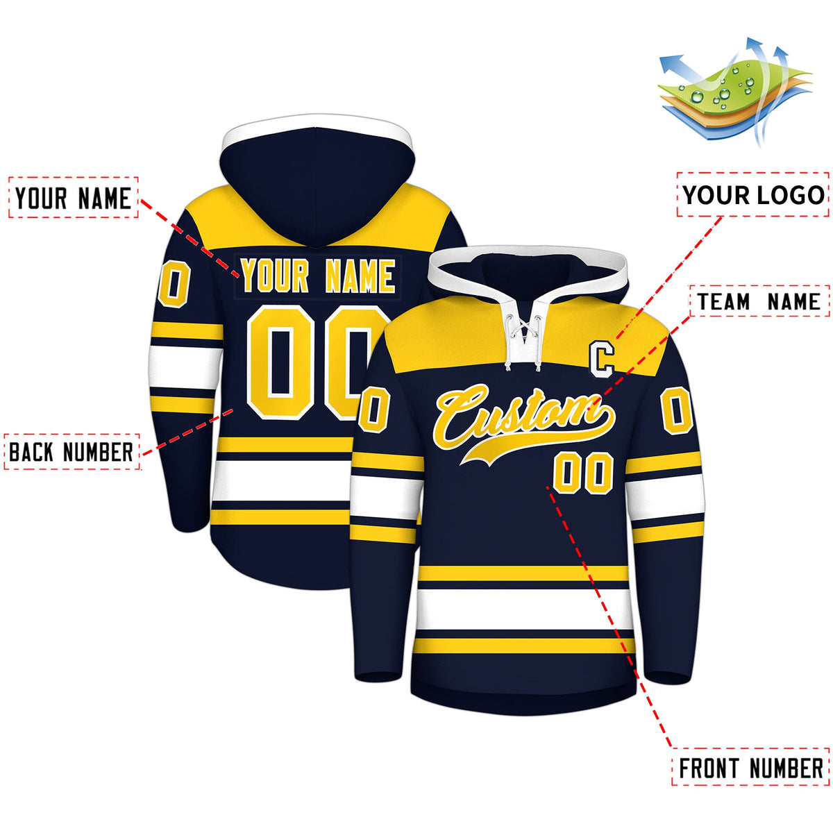 Custom Hockey Hoodie Jersey Navy Gold Raglan Sleeves Lace-Up Neck Personal Name &amp; Number &amp; Logo