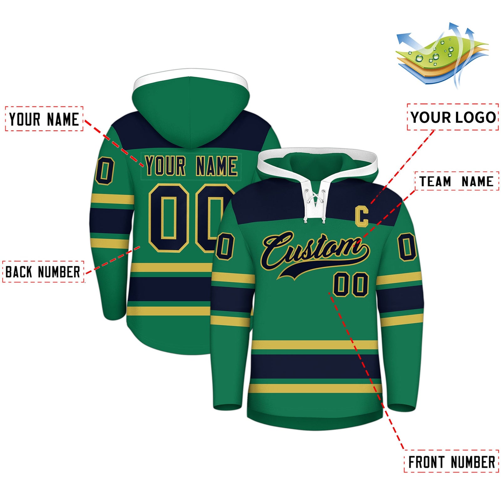 Custom Hockey Hoodie Jersey Kelly Green Old Gold Raglan Sleeves Lace-Up Neck Classic Team Colors Hoodie