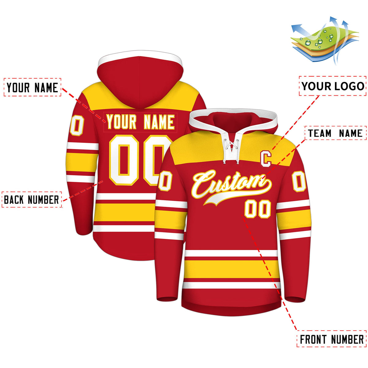 Custom Hockey Hoodie Jersey Red Gold Raglan Sleeves Lace-Up Neck Personalized Jersey for Men &amp; Youth