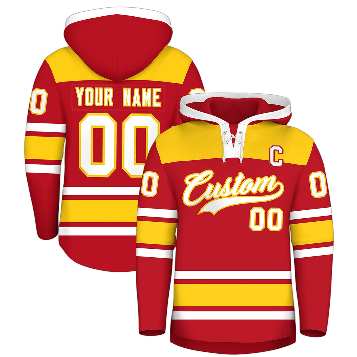 Custom Hockey Hoodie Jersey Red Gold Raglan Sleeves Lace-Up Neck Personalized Jersey for Men &amp; Youth