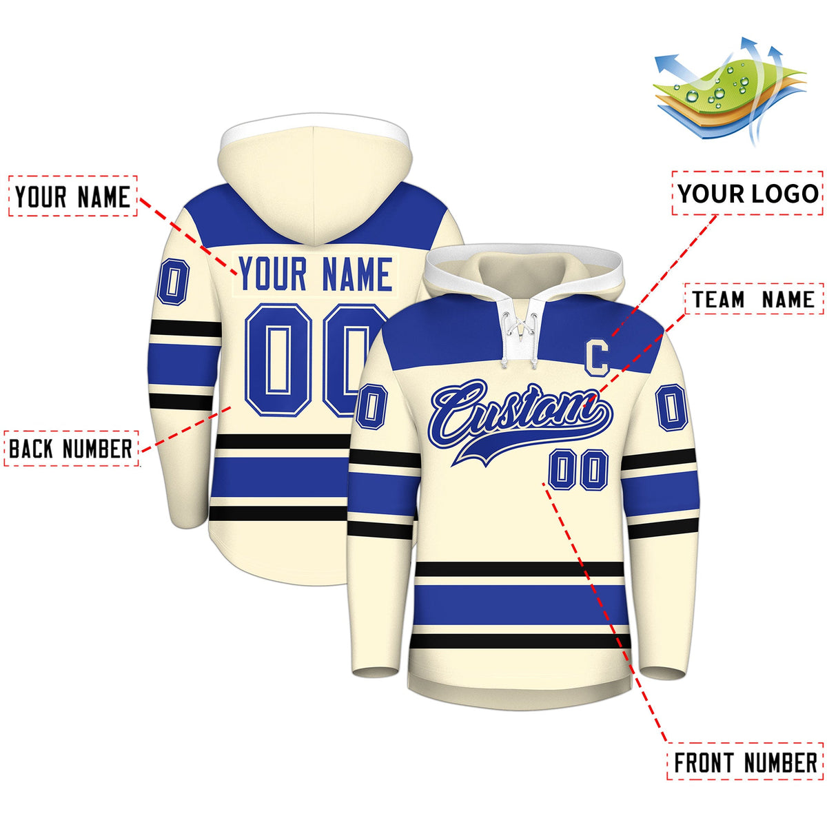 Custom Hockey Hoodie Jersey Cream Royal Blue Raglan Sleeves Lace-Up Neck Personal Name &amp; Number &amp; Logo