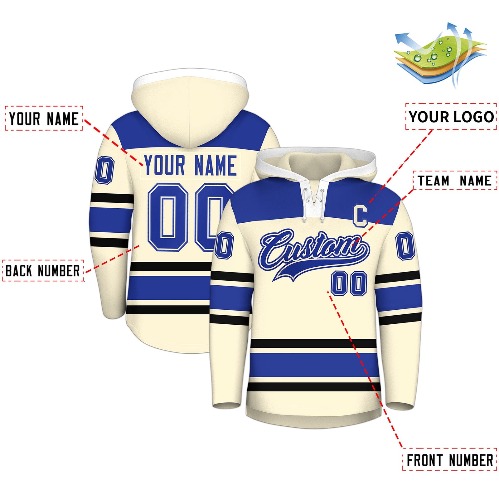 Custom Hockey Hoodie Jersey Cream Royal Blue Raglan Sleeves Lace-Up Neck Personal Name & Number & Logo