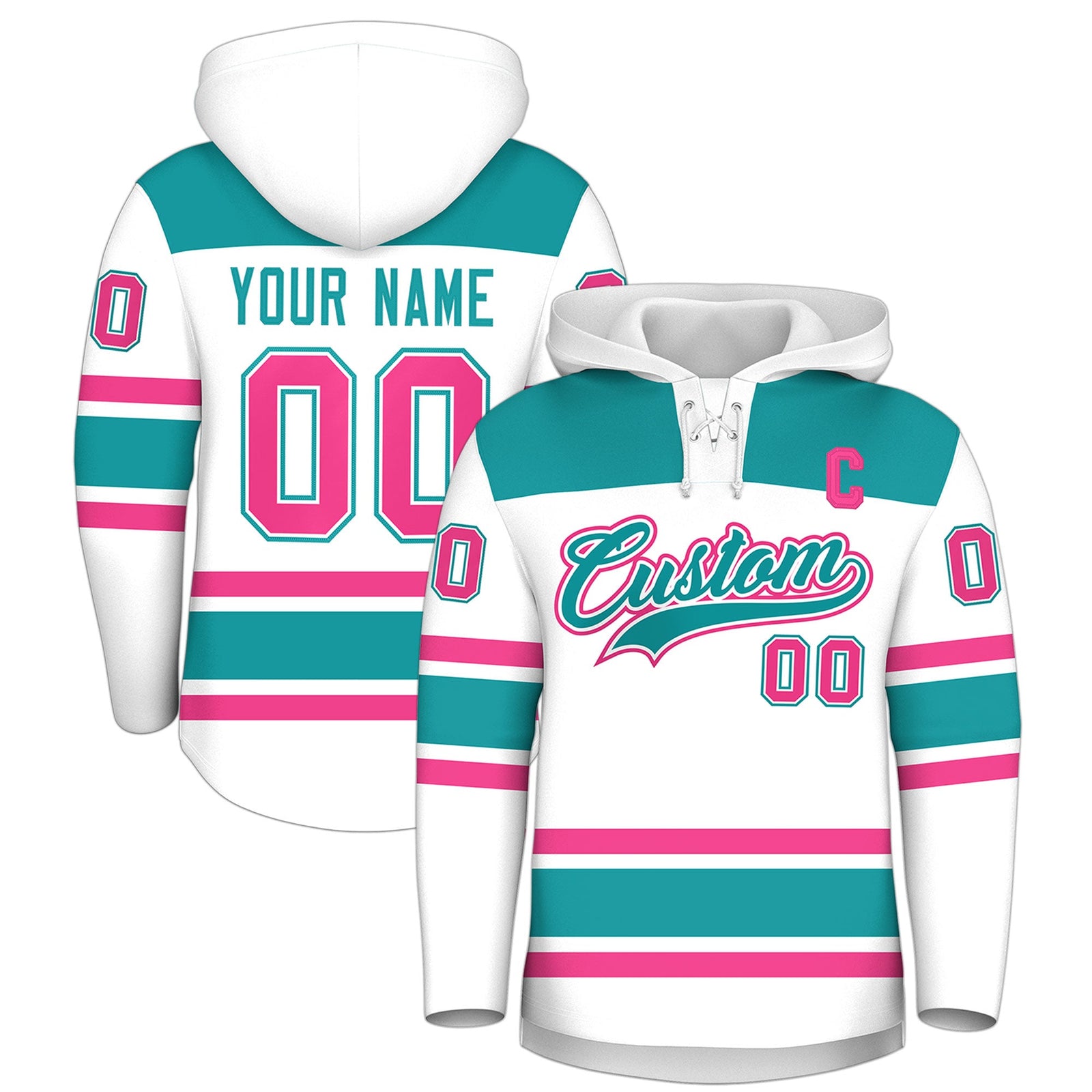 Custom Hockey Hoodie Jersey White Aqua Raglan Sleeves Lace-Up Neck Personal Name & Number & Logo