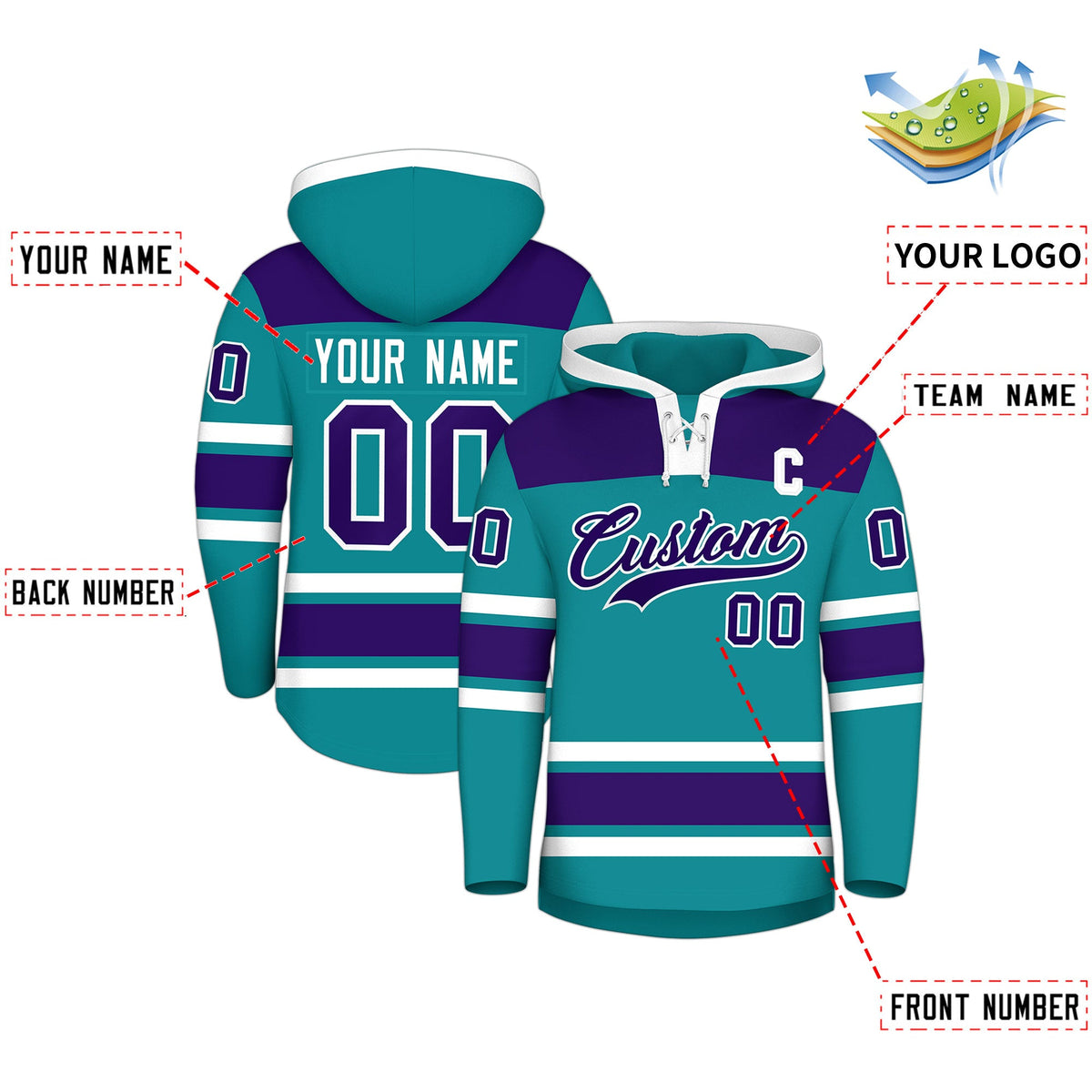 Custom Hockey Hoodie Jersey Teal Purple Raglan Sleeves Lace-Up Neck Classic Team Colors Hoodie