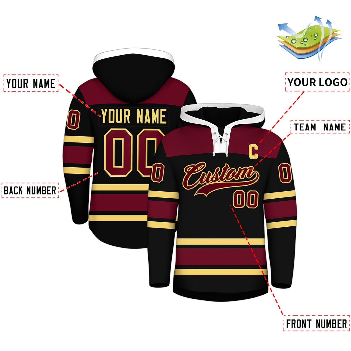 Custom Hockey Hoodie Jersey Black Crimson Raglan Sleeves Lace-Up Neck Personalized Jersey for Men &amp; Youth