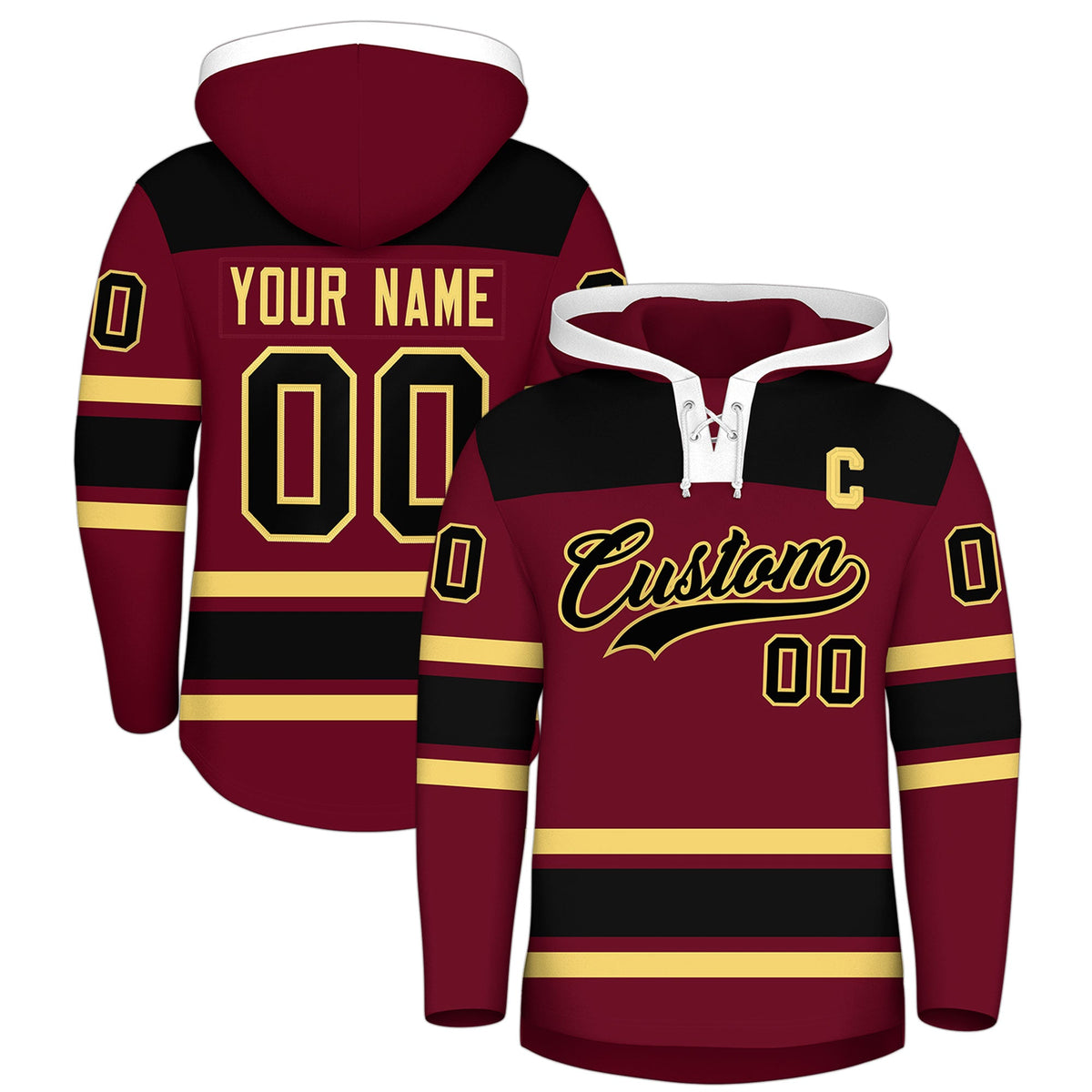 Custom Hockey Hoodie Jersey Crimson Black Raglan Sleeves Lace-Up Neck Personal Name &amp; Number &amp; Logo