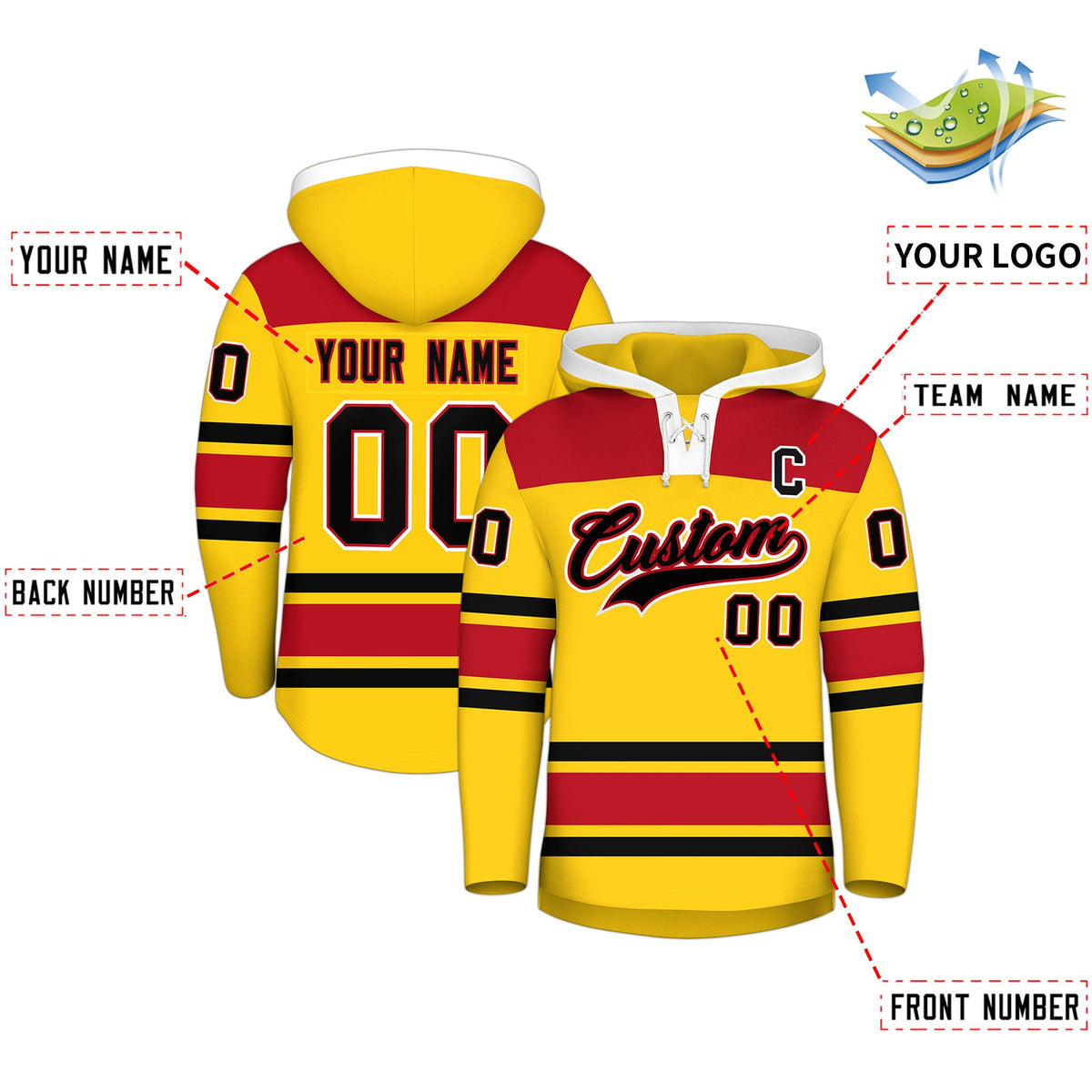 Custom Hockey Hoodie Jersey Gold Red Raglan Sleeves Lace-Up Neck Personal Name &amp; Number &amp; Logo