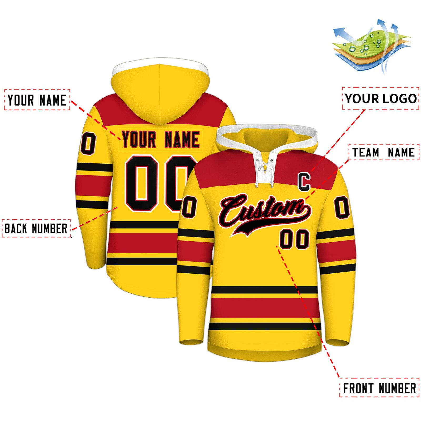 Custom Hockey Hoodie Jersey Gold Red Raglan Sleeves Lace-Up Neck Personal Name & Number & Logo