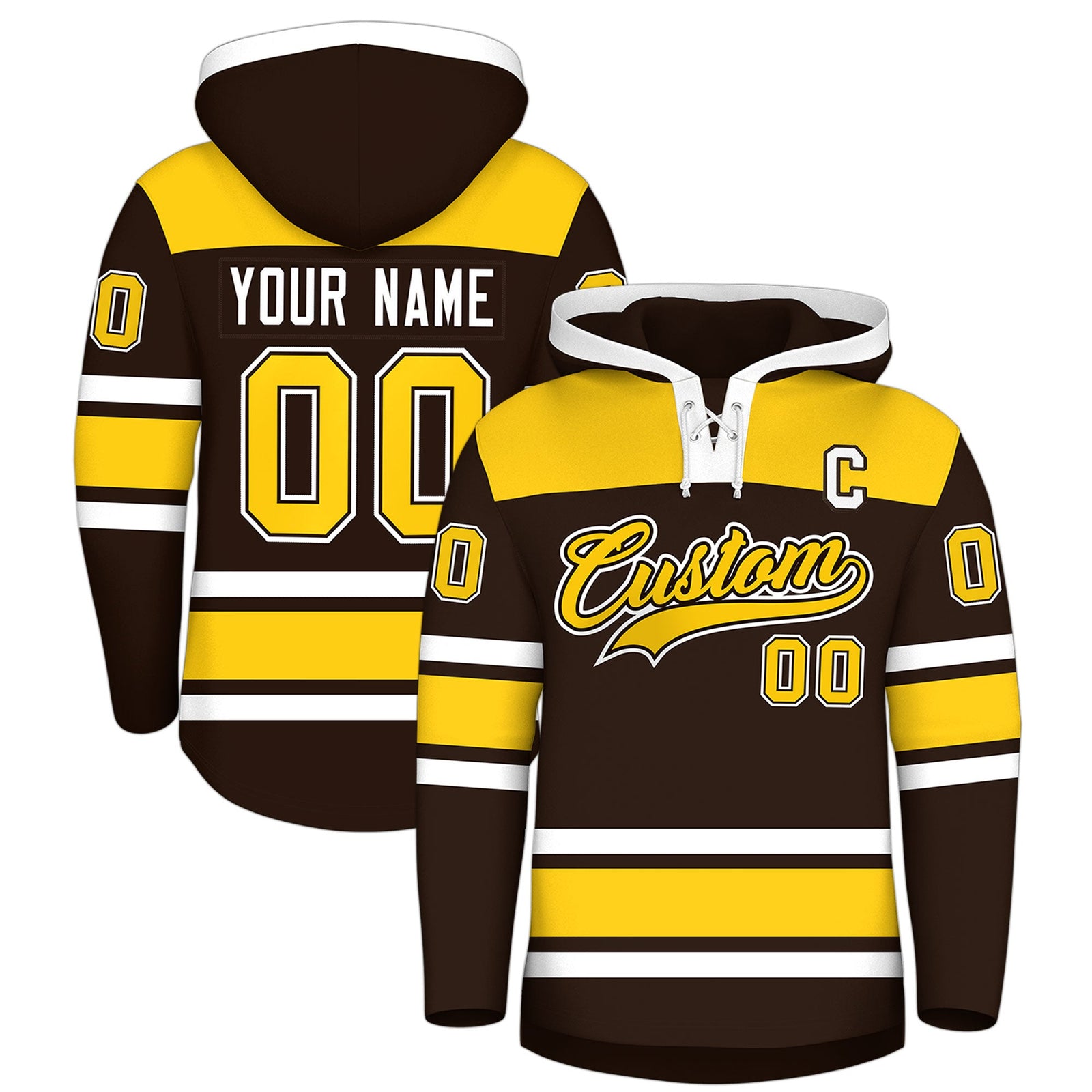Custom Hockey Hoodie Jersey Brown Gold Raglan Sleeves Lace-Up Neck Personalized Jersey for Men & Youth