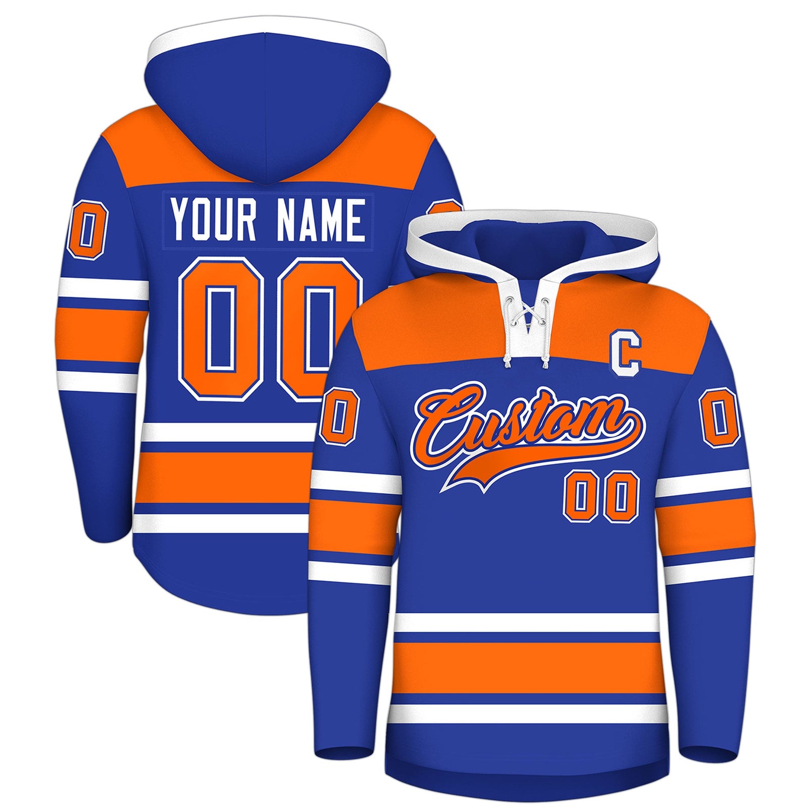 Custom Hockey Hoodie Jersey Royal Blue Orange Raglan Sleeves Lace-Up Neck Personal Name & Number & Logo