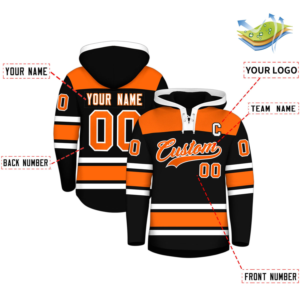 Custom Hockey Hoodie Jersey Black Orange Raglan Sleeves Lace-Up Neck Personalized Jersey for Men &amp; Youth