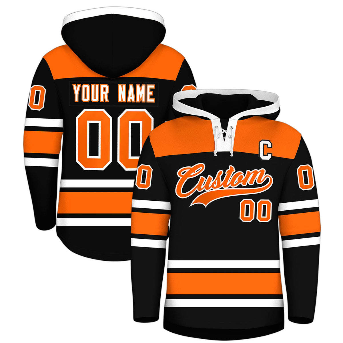Custom Hockey Hoodie Jersey Black Orange Raglan Sleeves Lace-Up Neck Personalized Jersey for Men &amp; Youth