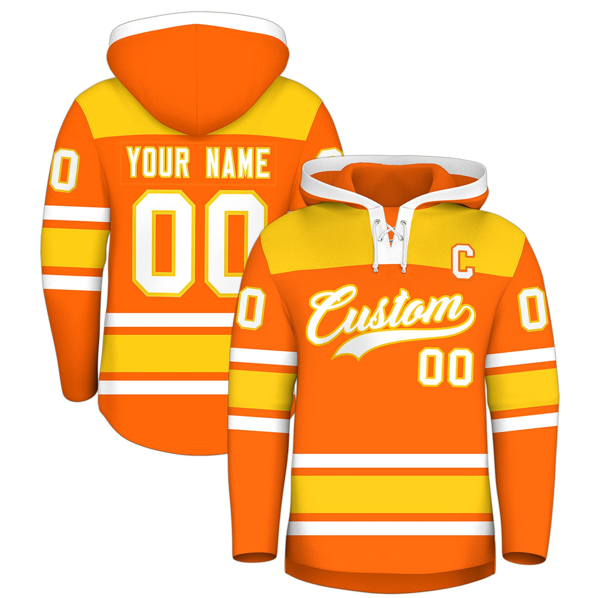 Custom Hockey Hoodie Jersey Orange Gold Raglan Sleeves Lace-Up Neck Personal Name &amp; Number &amp; Logo